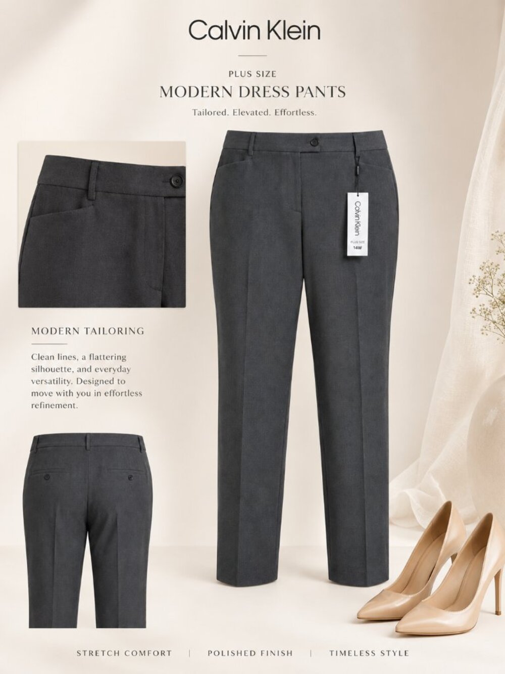 Calvin Klein Plus Size Modern Dress Pants Charcoal Size 14W NWT